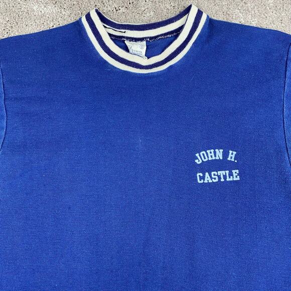 Blue White Ringer John H Castle Knights Vtg Graphic T-shirt Size XS Retro 70s - Picture 2 of 6